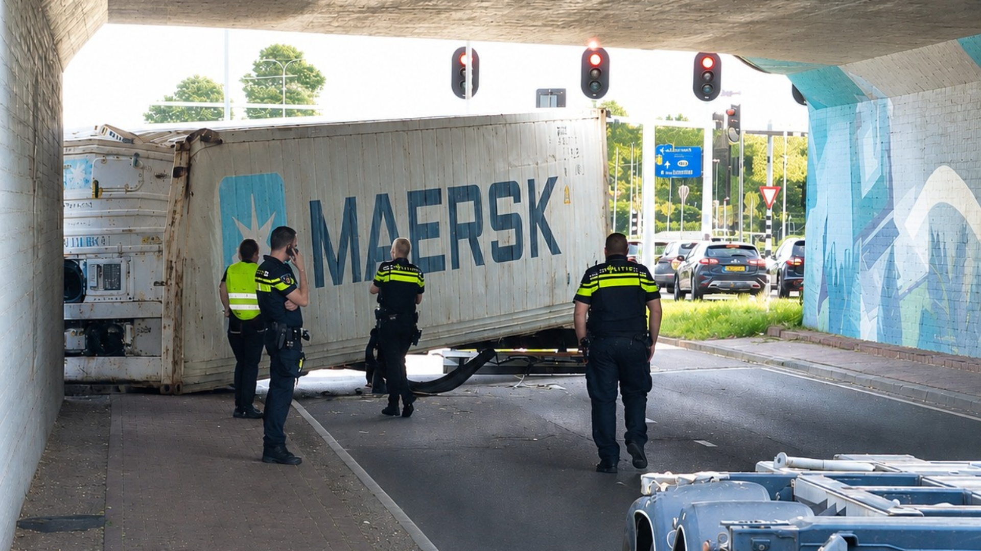 De container kwam dwars over de weg te liggen.