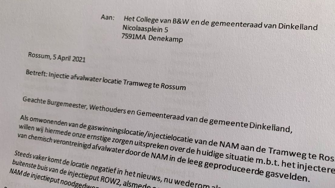 Fragment uit de brief van omwonenden injectie locatie aan de gemeente Dinkelland