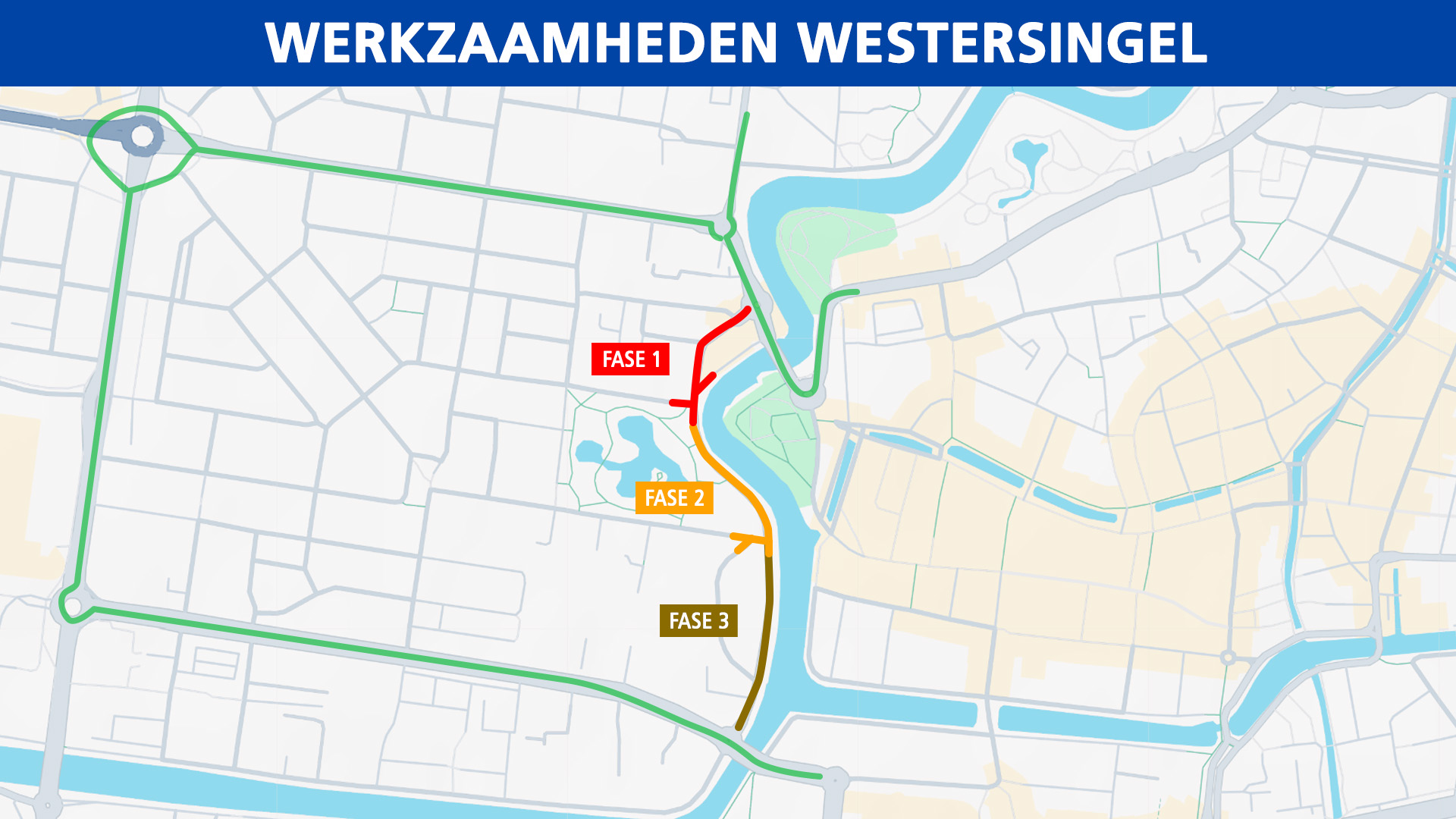 De weg gaat in fases dicht. In het groen de omleidingsroute voor autoverkeer