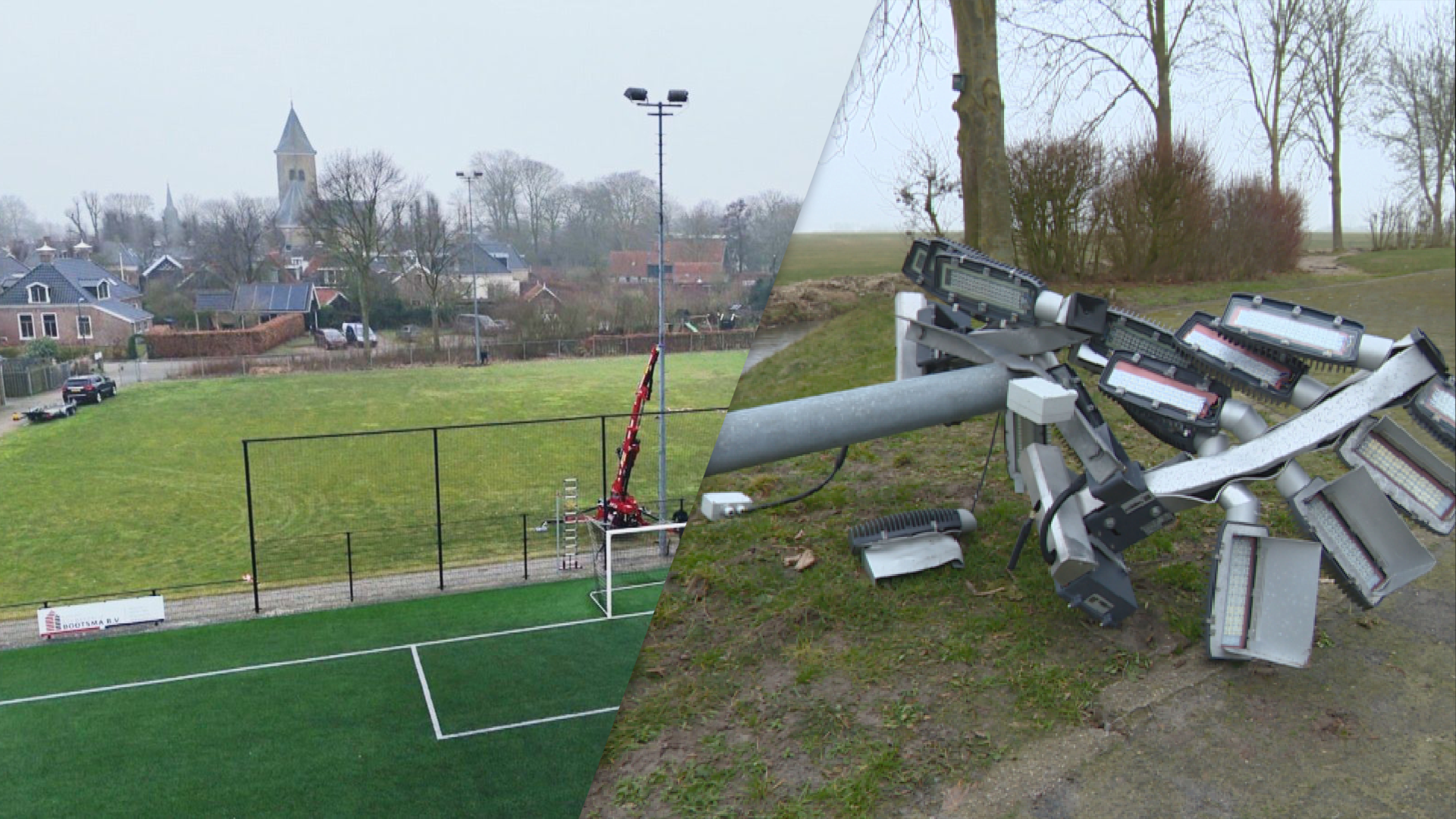 Lichtmast bij voetbalclub Easterein viel ineens om: “Hartstikke gevaarlijk”