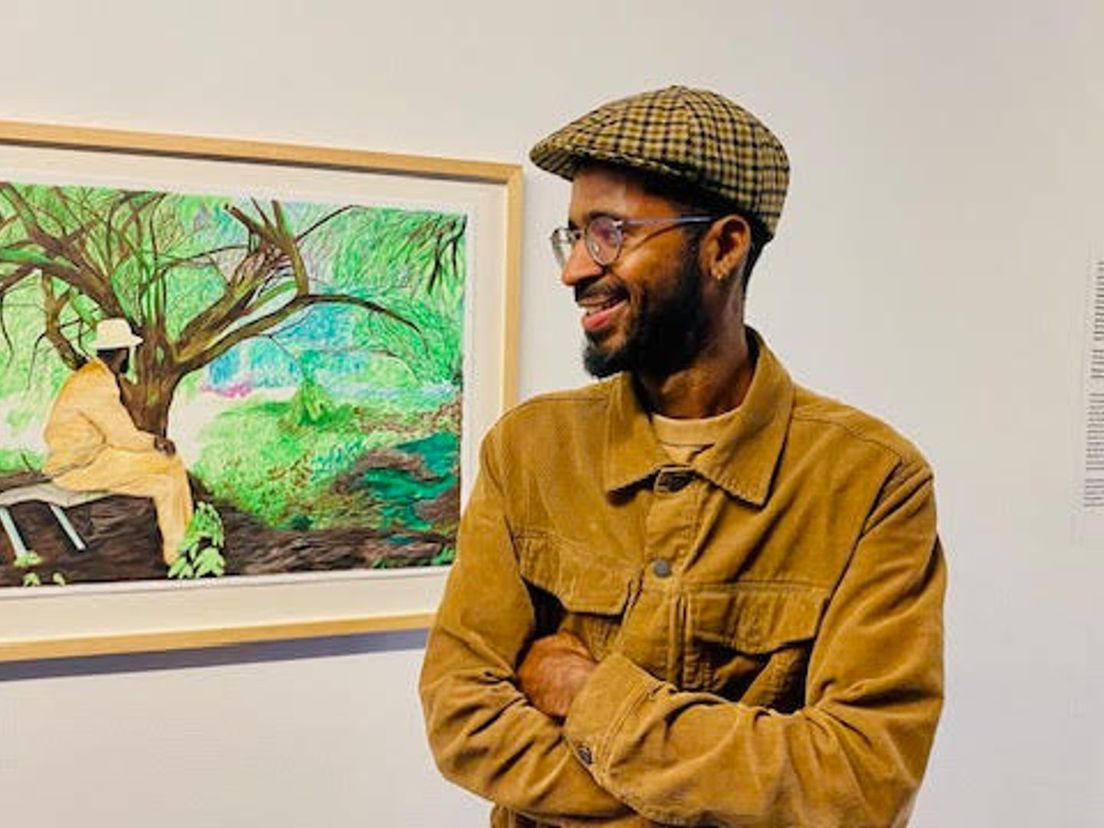 Nuno Orlando bij zijn zelfportret The Observer, Quarantaineterrein Heijplaat