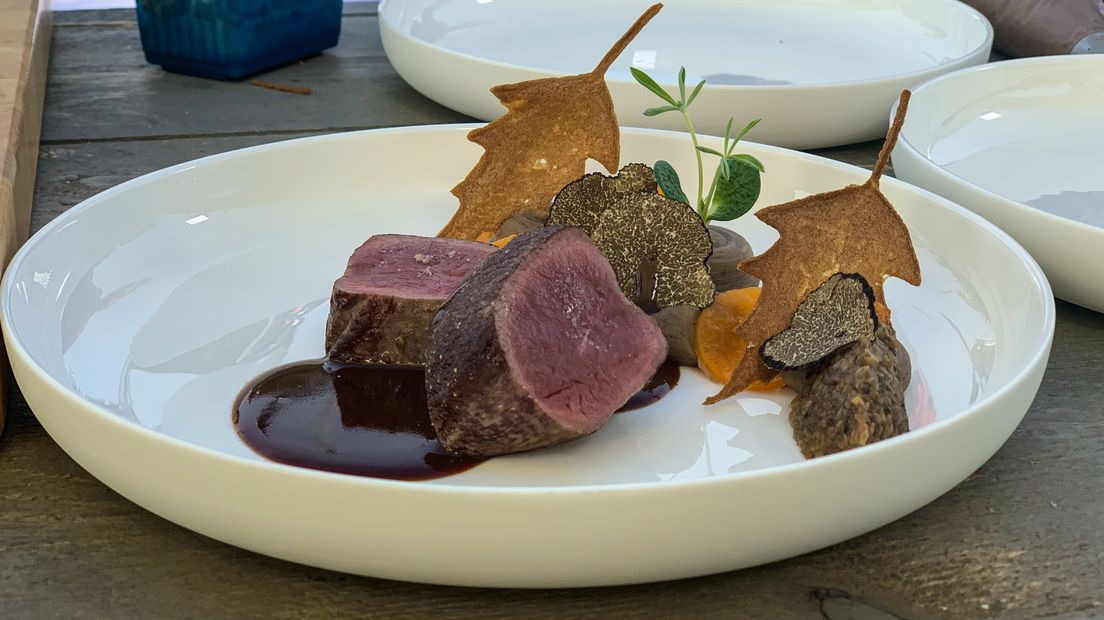 Reebout met pompoen, kastanjechampignons en rode wijnsaus met chocolade