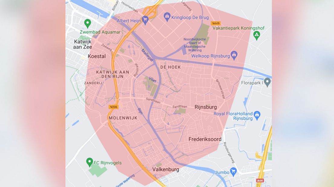 Het gebied waarvoor een NL-Alert is verstuurd
