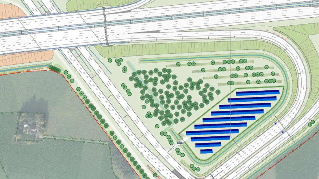 In de oksel van de A1 komt anderhalf voetbalveld aan zonnepanelen