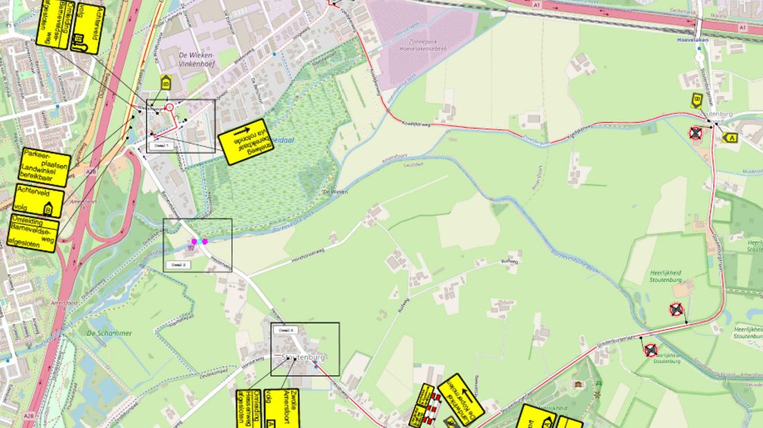 Het verkeersplan, inclusief de omleiding over de Energieweg. Het bewuste bord bij de splitsing Hogeweg / De Schakelaar ontbreekt.