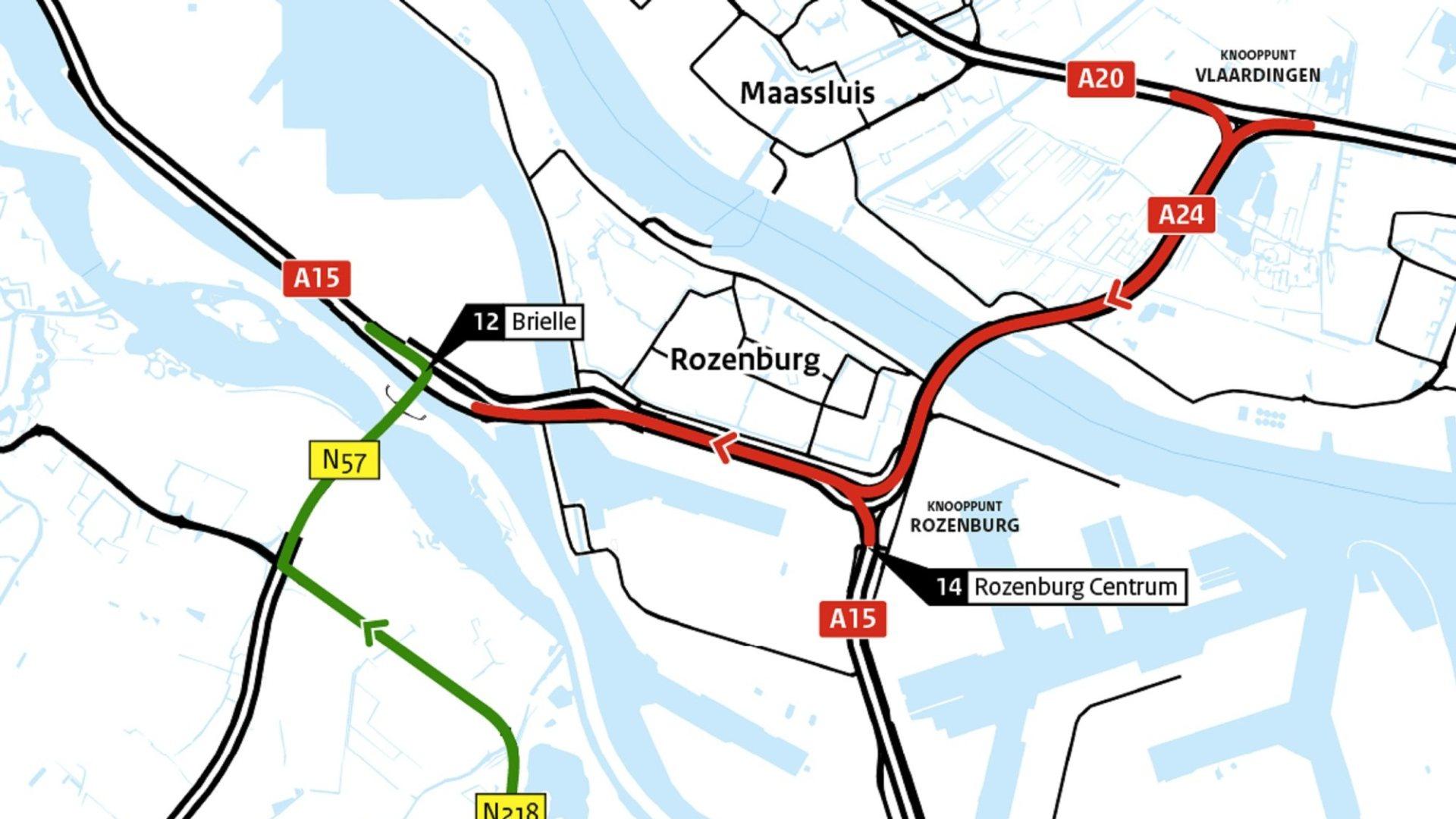 De A15 is dicht tussen Rozenburg en Brielle (afrit 12). Ook de A24 naar Rozenburg is dicht.