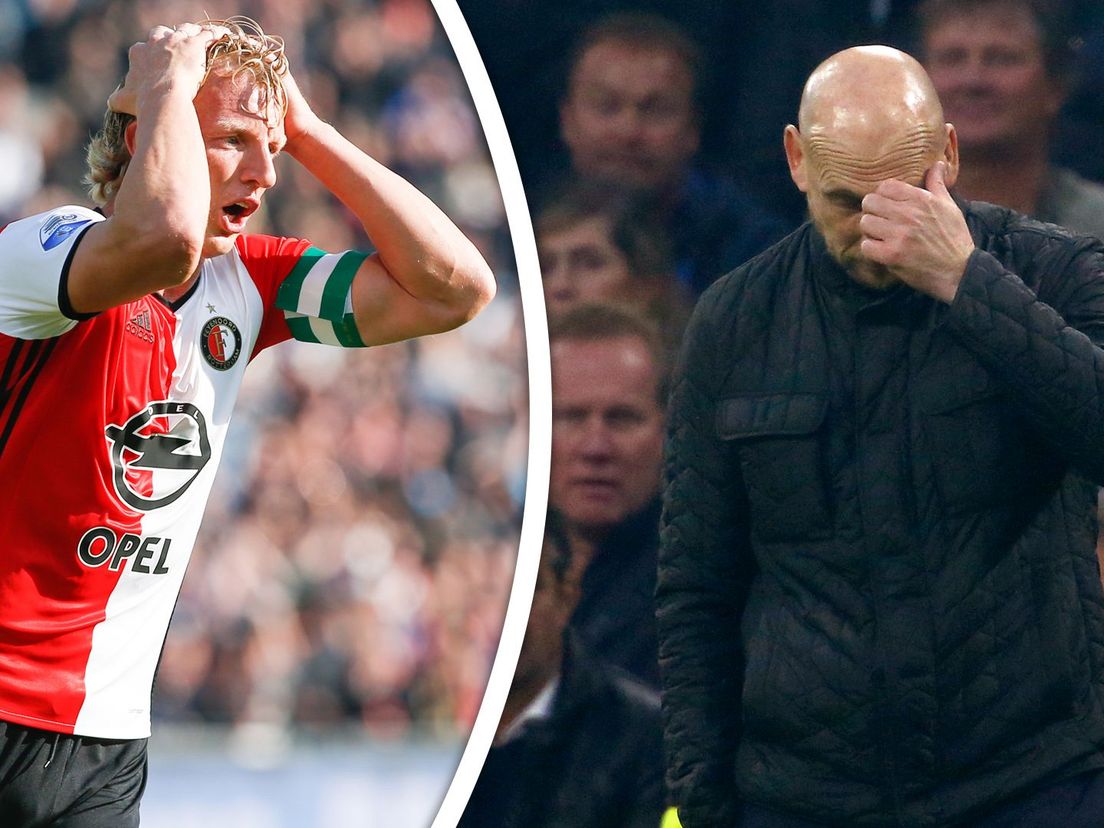 Links baalt Dirk Kuyt van een gemiste kans tegen Ajax in oktober 2016, rechts heeft Jaap Stam kopzorgen tijdens Ajax-Feyenoord (4-0) in oktober 2019