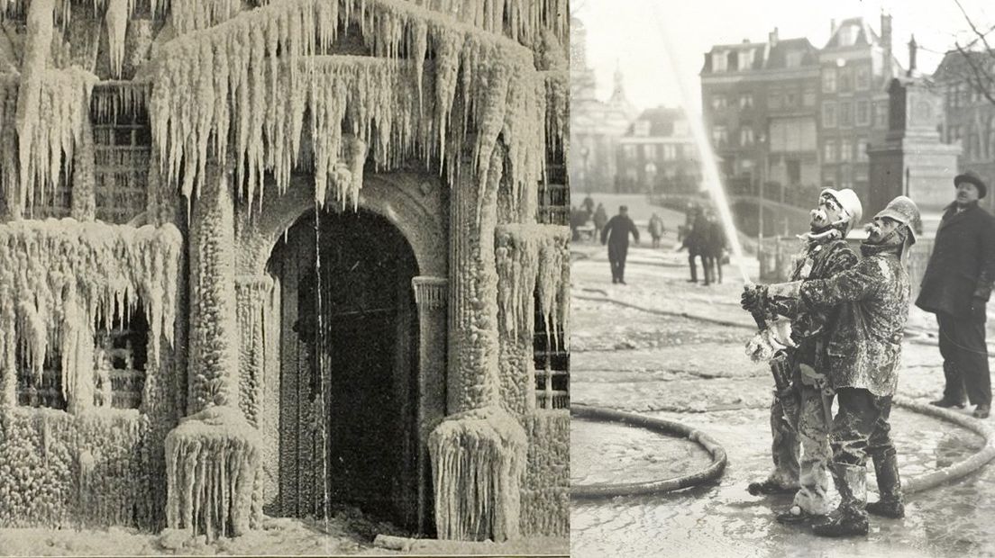 De praalwagen toont de stadhuisbrand in de winter van 1929. 