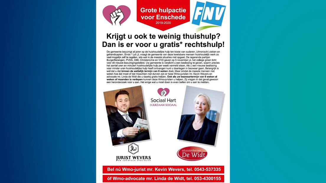 Flyer van actie 'Gratis rechtshulp bij onvoldoende thuishulp'