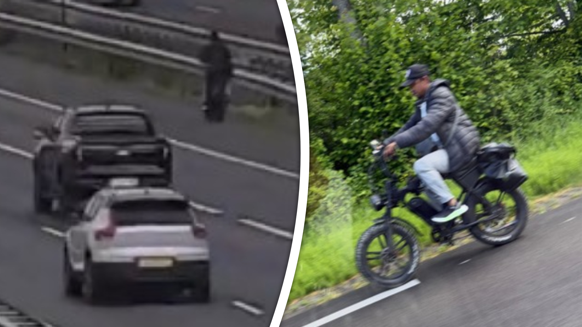 De fatbiker werd eerder al gespot op de Rotterdamseweg tussen Ridderkerk en Rotterdam-Beverwaard (rechts), waarna hij even later belandde op de A16 (links)