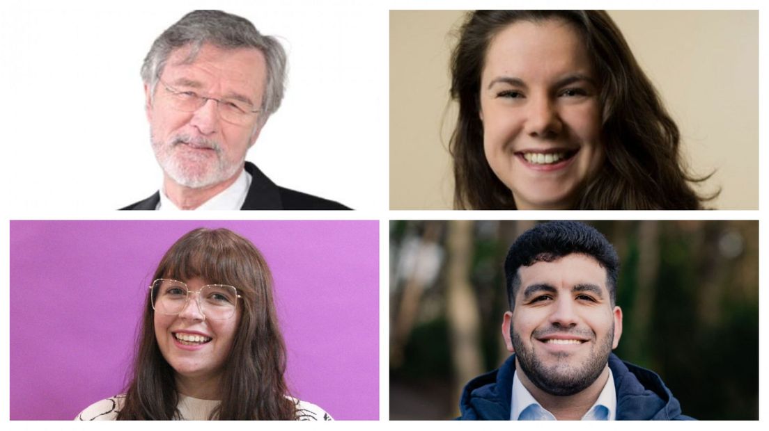 V.l.n.r. Constant Martini (Hart voor Den Haag/Groep de Mos), Hinke de Groot (CDA), Isabel Bos (GroenLinks) en Yousef Assad (D66)