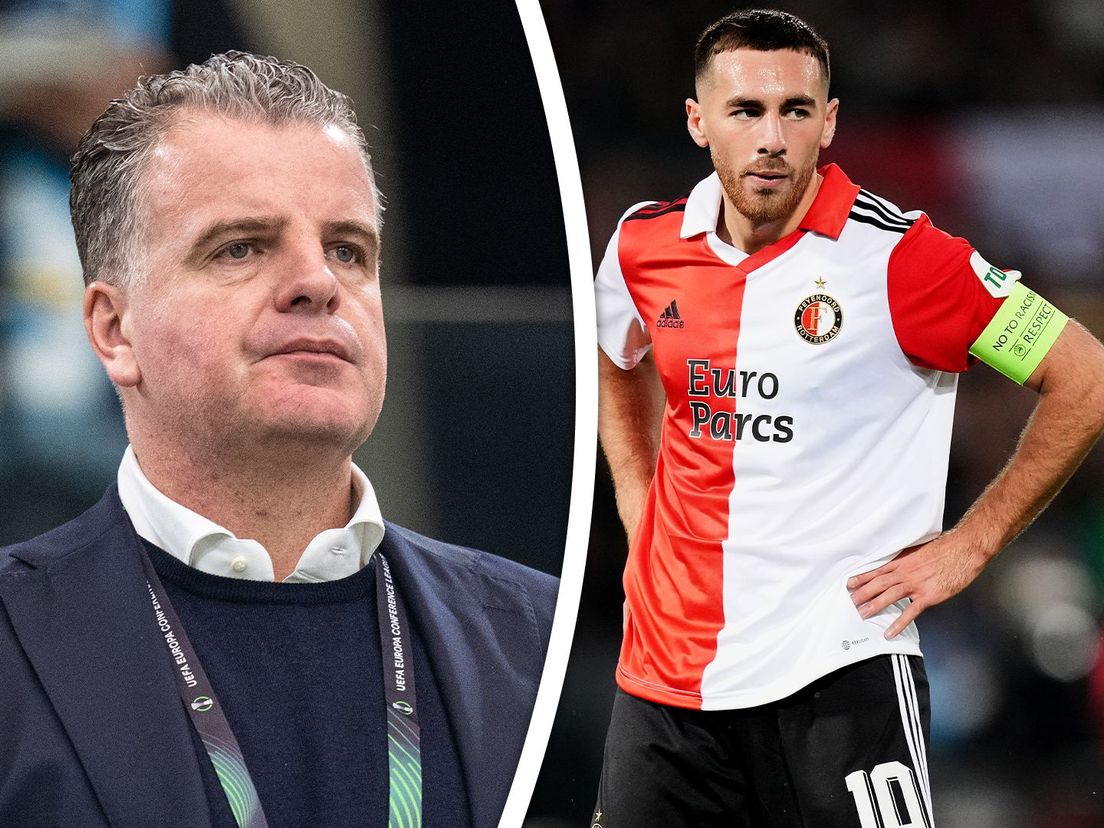 Dennis te Kloese (links) en Feyenoord-aanvoerder Orkun Kökçü (rechts)