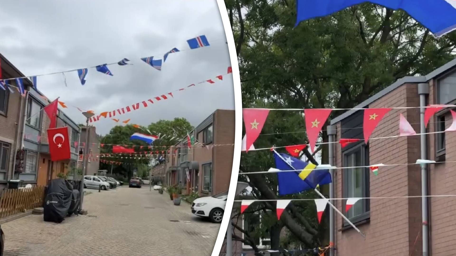 In de Croystraat hangen vlaggen van zeven verschillende landen.