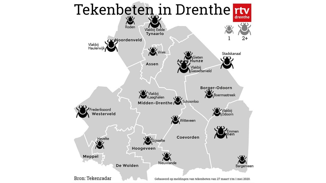 Een kaart met tekenbeten in de afgelopen tijd (Rechten: RTV Drenthe)