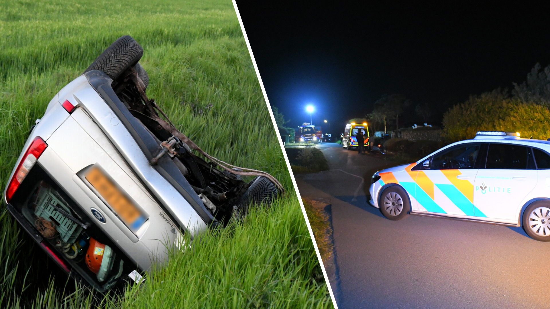 Twee slootincidenten op een avond: auto over de kop en persoon te water