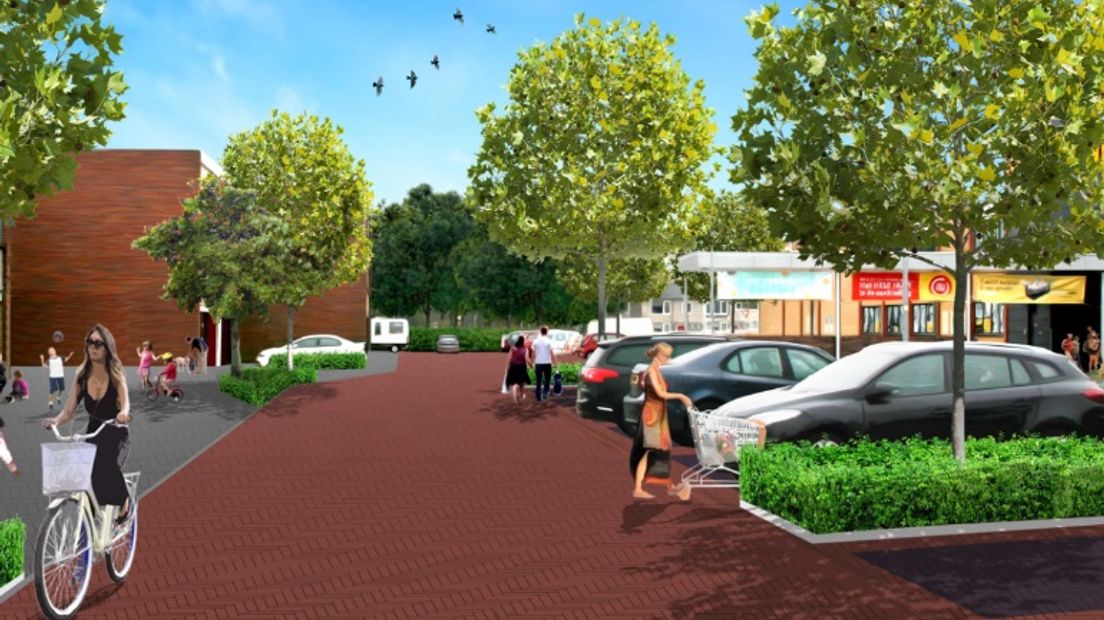 De parkeerplaatsen rond het winkelcentrum worden vernieuwd en krijgen meer groen (afbeelding: gemeente Assen)