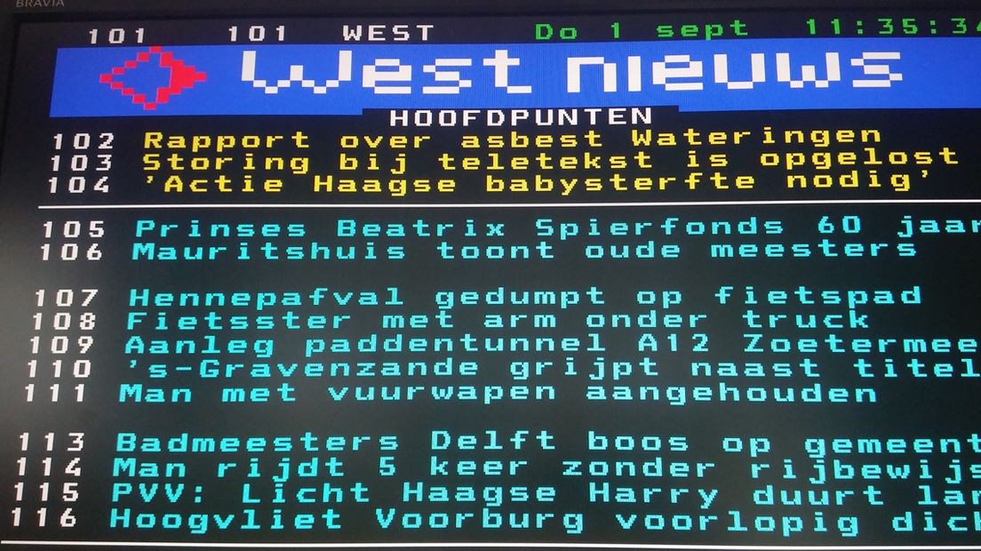 De nieuwspagina van Omroep West op teletekst.