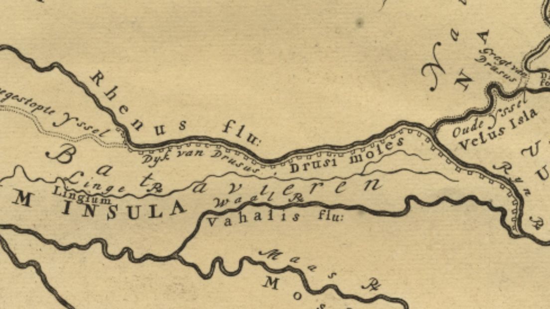 Drusi moles, oftewel de dam van Drusus op een historische kaart.