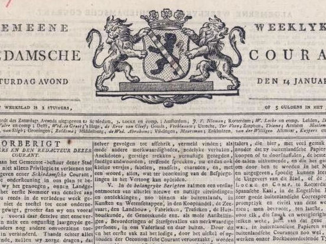 De voorpagina van de Schiedamsche Courant