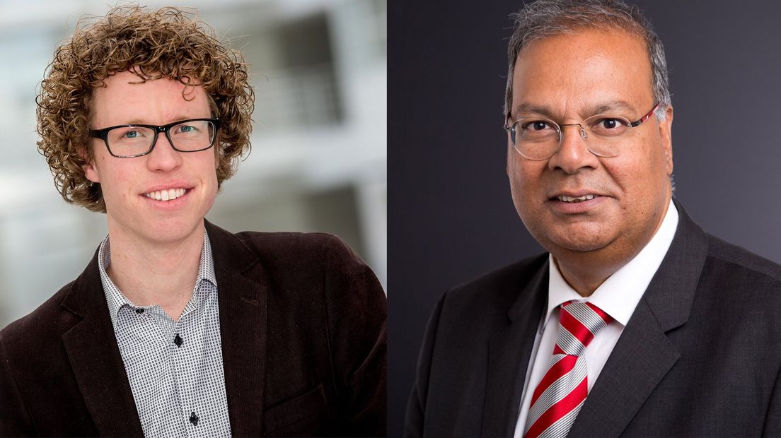 Martijn Balster (links) en Rabin Baldewsingh willen allebei lijsttrekker van de PvdA worden. | Foto's gemeente Den Haag.