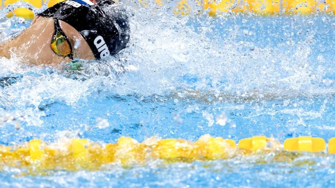 Ben Schwietert tijdens de 4x200 meter vrije slag in de Olympic Aquatics Arena.