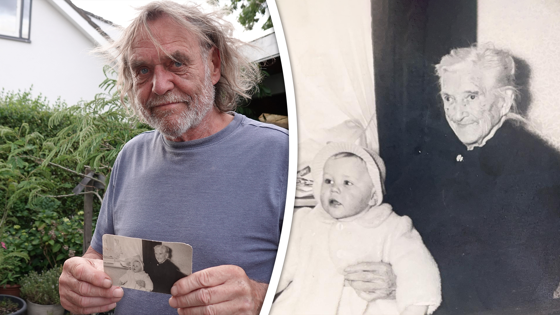 Achterkleinkind Sjaak met de foto van hem als jongetje van 1 jaar op schoot bij zijn 101-jarige overgrootoma Schaaij