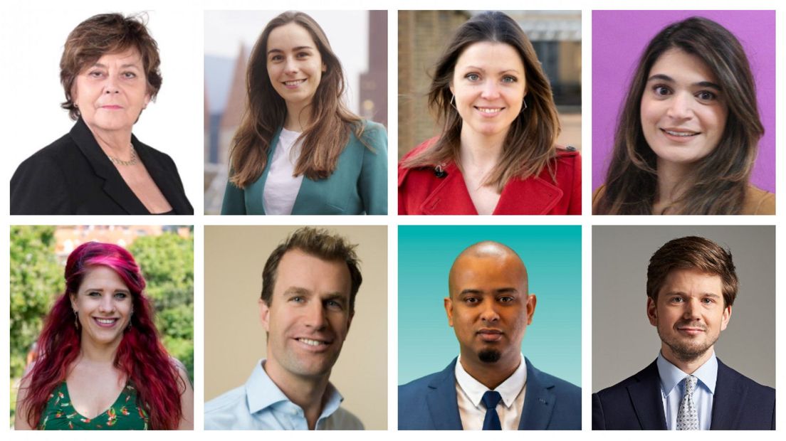 V.l.n.r. Rita Verdonk (Hart voor Den Haag), Caroline Verduin (D66), Lotte van Basten Batenburg (VVD), Hera Butt (GroenLinks), Leonie Gerritsen (PvdD), Hilbert Bredemeijer (CDA), Nur Icar (DENK) en Gideon van Meijeren (FVD)