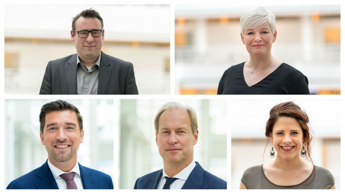 V.l.n.r. Richard de Mos (Hart voor Den Haag). Mariëlle Vavier (GroenLinks), Robert van Asten (D66), Anne Mulder (VVD) en Leonie Gerritsen (Partij voor de Dieren).