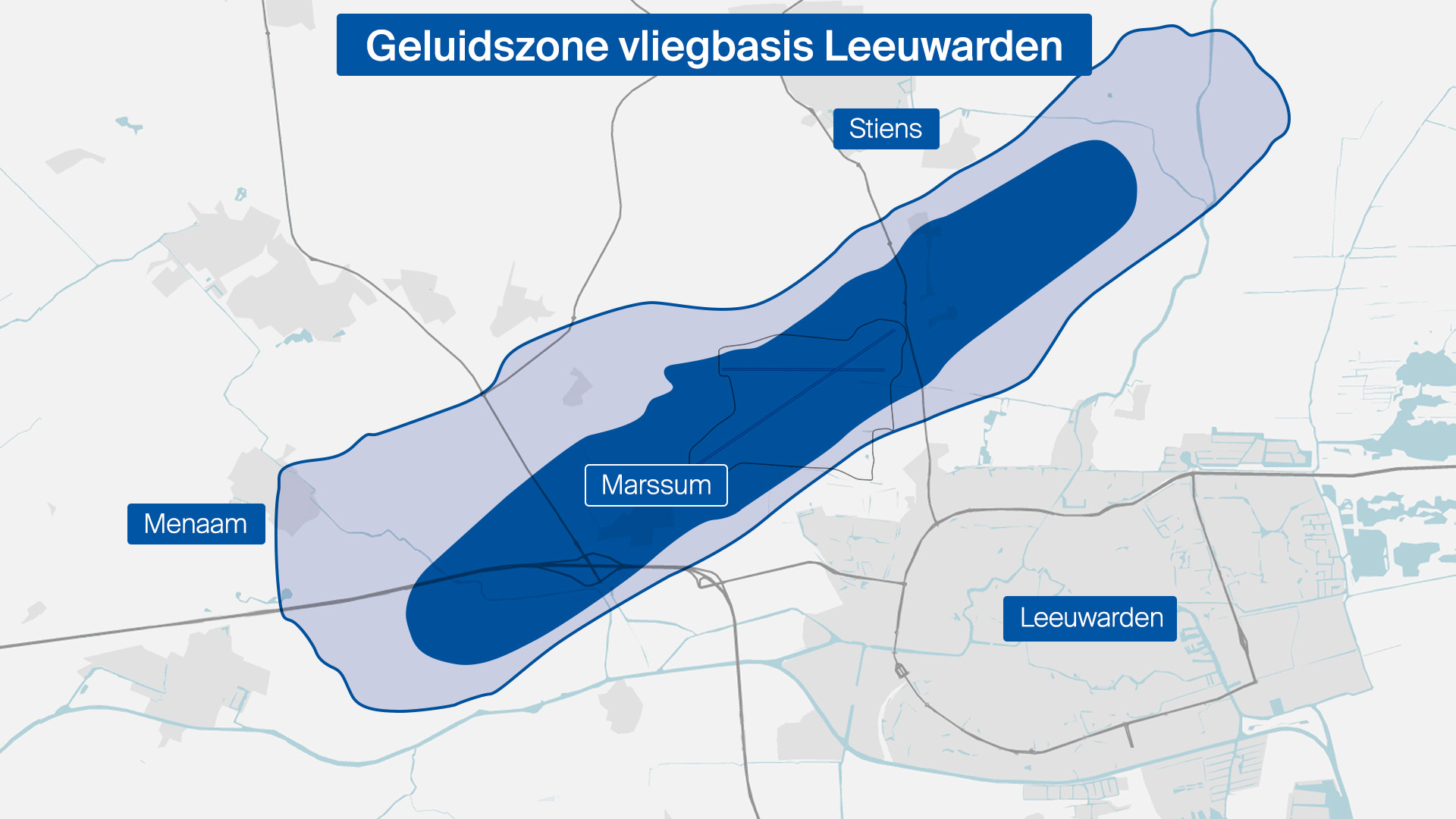 De geluidszone van de vliegbasis nu en zoals die mogelijk in de toekomst zal zijn.