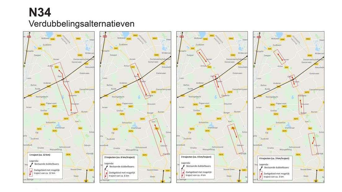 De vier verdubbelings opties van de N34 die de provincie onderzoekt (Rechten: Provincie Drenthe/RTV Drenthe)