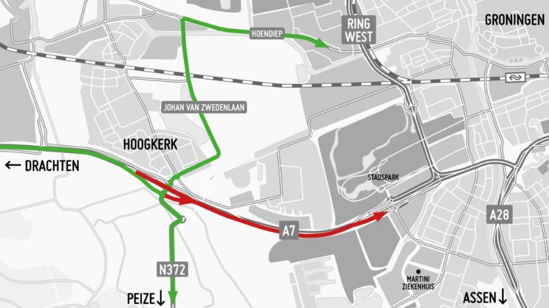 In het rood de afsluiting van Hoogkerk tot Groningen-West. In het groen de omleidingsroutes