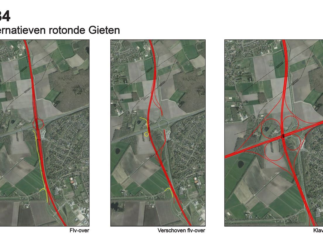 Er zijn drie oplossingen voor het knooppunt Gieten, waar de N33 en N34 elkaar kruisen. (Rechten: Serge Vinkenvleugel/RTV Drenthe)