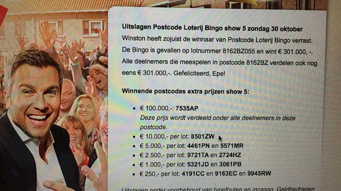 De deelnemers met de postcode 7535AP mogen een ton verdelen