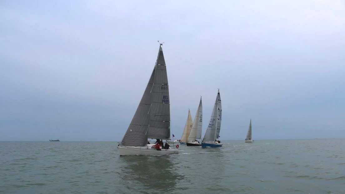 De Capella (het blauwe zeiljacht, rechts van het midden) bij de start van de race
