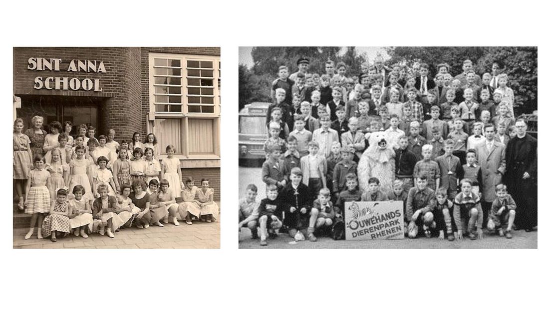 Links een meisjesklas in de jaren '50, rechts jongens op schoolreisje naar Ouwehands Dierenpark rond 1950.