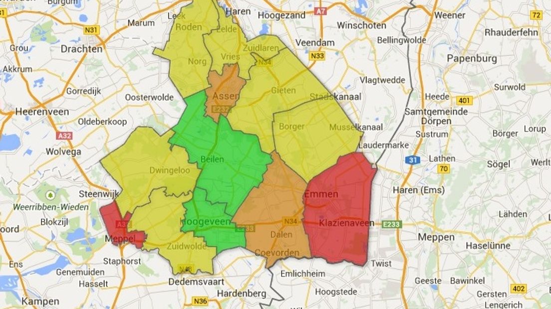 Een overzicht van het banenverlies (rood is sterke afname)