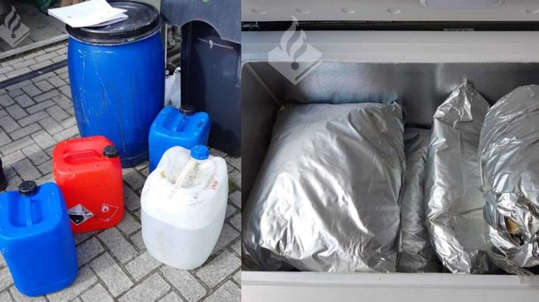 De onderdelen en grondstoffen voor een drugslab die de politie aantrof in Nieuw-Roden