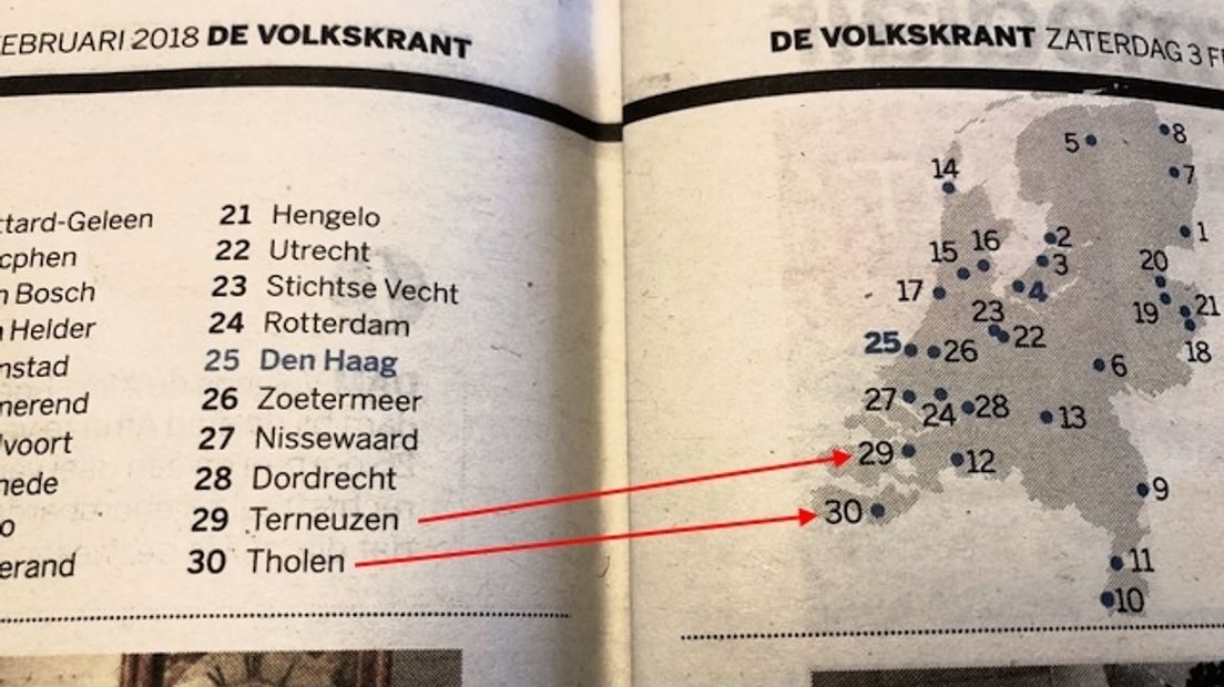 Foutieve kaart in de Volkskrant met Tholen op Zeeuws-Vlaanderen en Terneuzen op Tholen