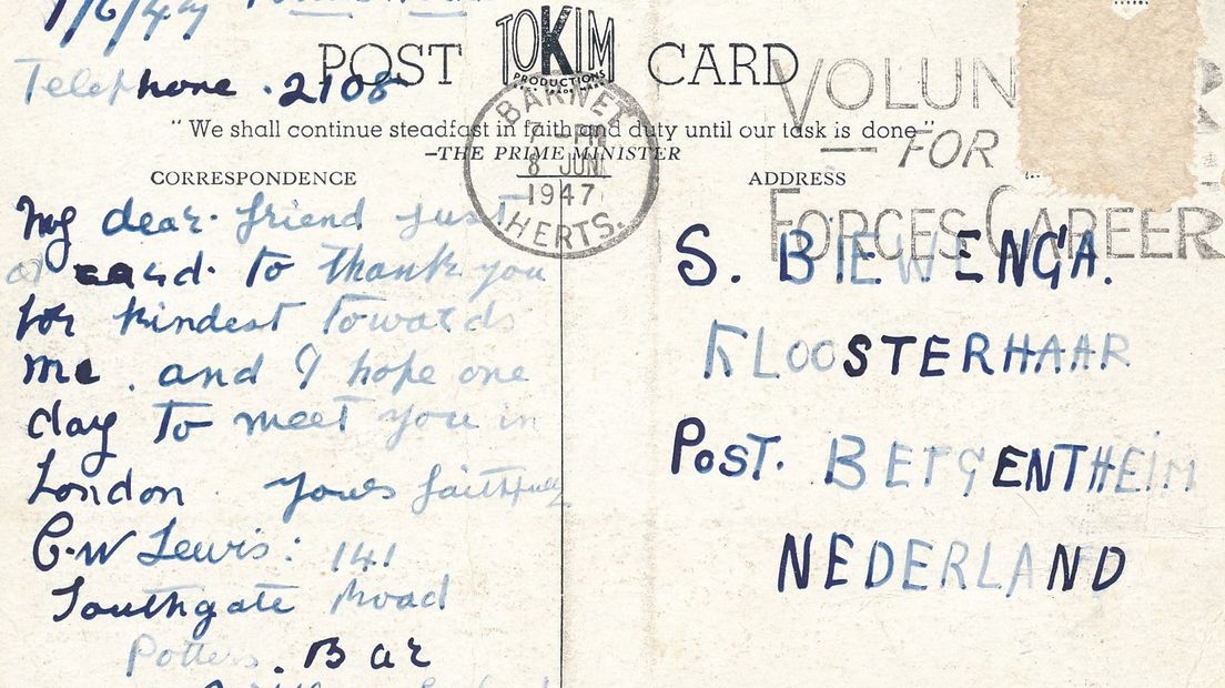 Een bedankkaartje dat de familie Lewis in 1947 vanuit Engeland naar Kloosterhaar stuurde.