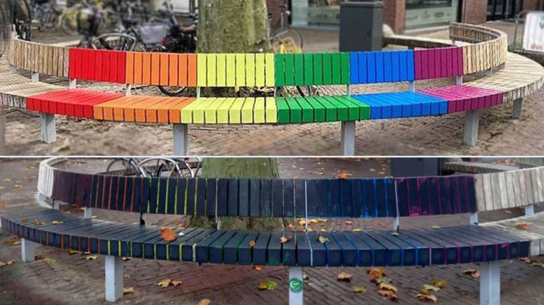 De bank in originele staat (boven) en de zwartgeverfde versie.
