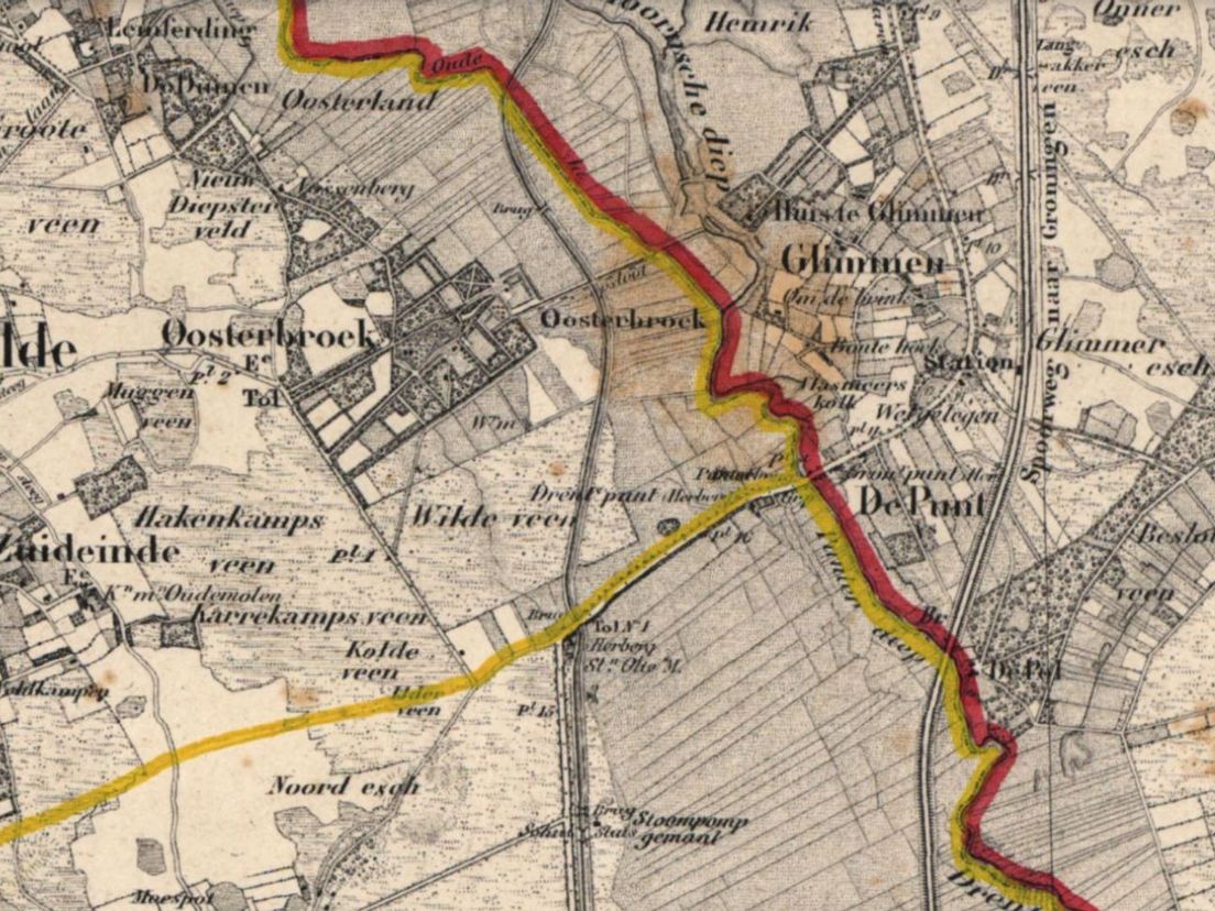 De grens tussen Drenthe en Groningen in 1880 bij De Punt