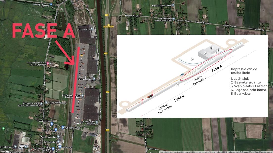 Een visualisatie van waar de Hyperloop van Hardt in Veendam moet verrijzen