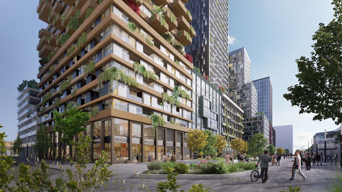 Het plein bij station Laan van NOI moet met de nieuwbouw veel aangenamer worden. | Beeld Barcode Architects/VORM