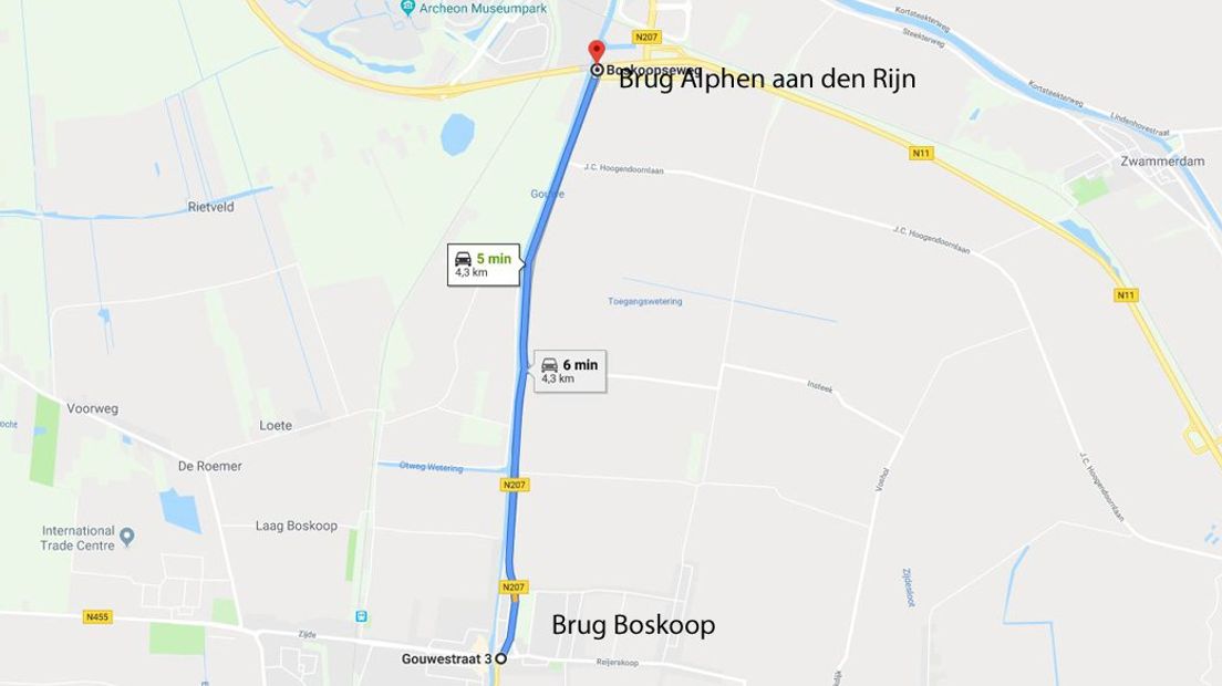 Automobilisten kunnen omrijden via Alphen aan den Rijn | Kaart: Google Maps