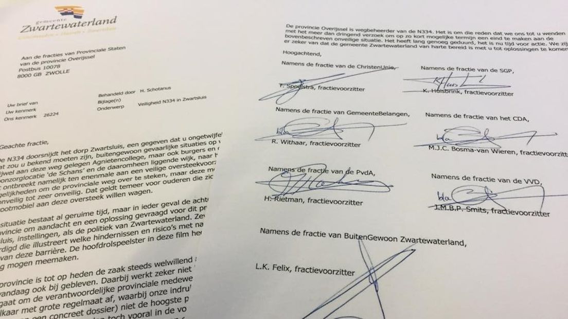 Brief van politiek Zwartewaterland over onveilige N334