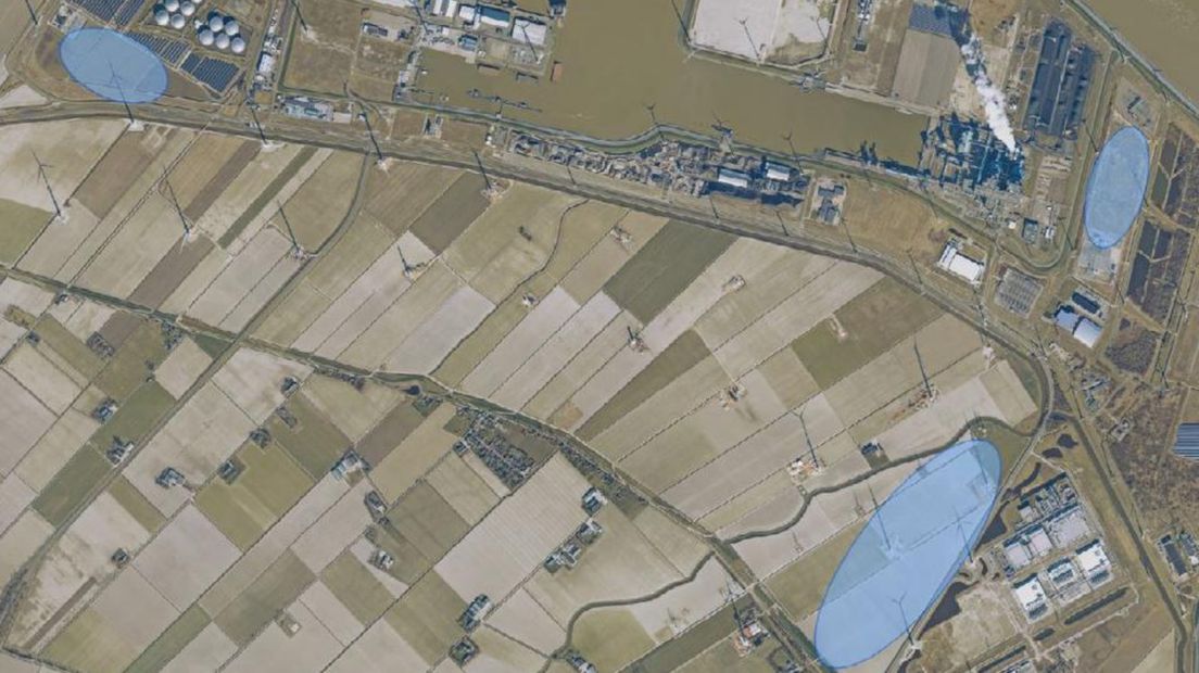 De beoogde locaties (in het blauw) voor de aanleg van elektriciteitsinfrastructuur in de Eemshaven (Oostpolder)
