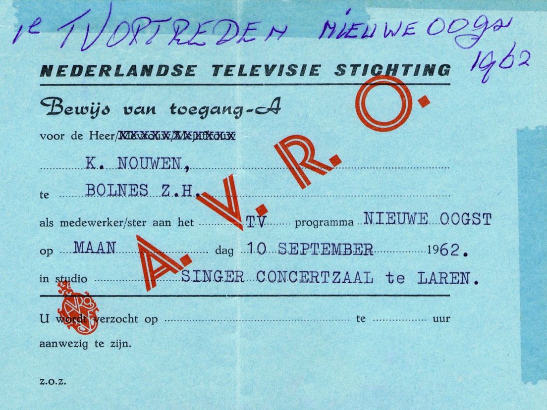 Deelnemerskaart Kees Nouwen tv-programma Nieuwe Oogst 1962.
