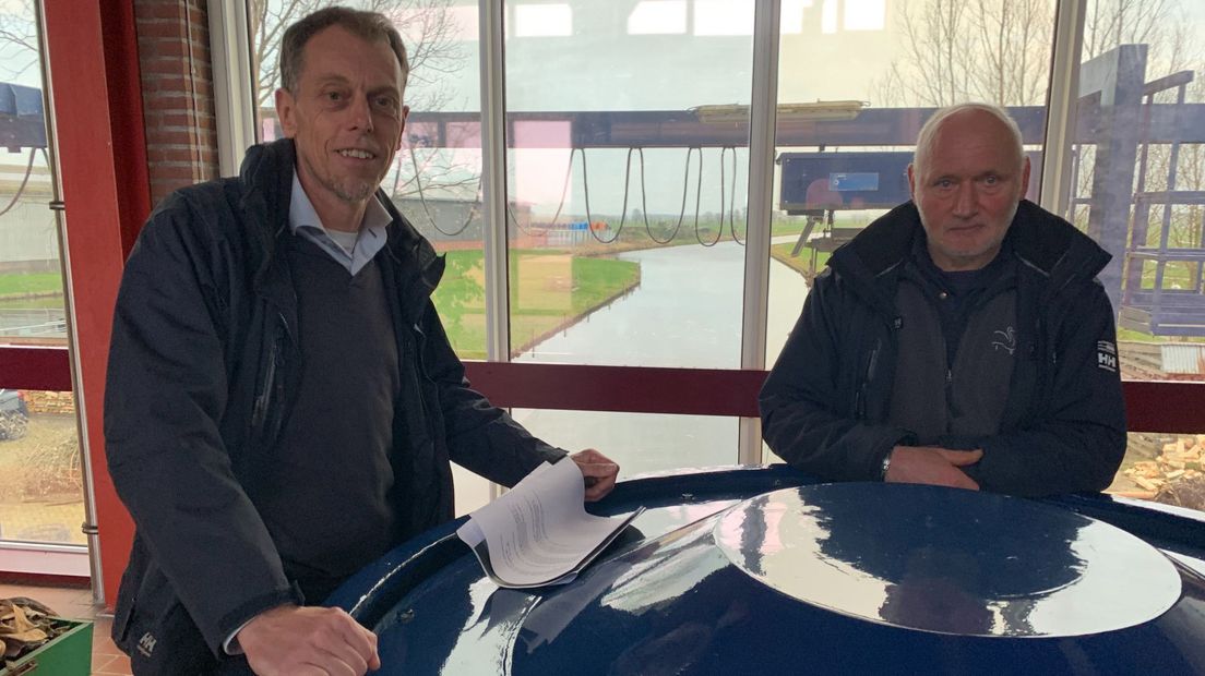 Remco Lots (links) en Andre van Beek (rechts) in gemaal De Keulevaart
