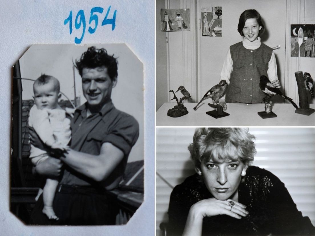Loes Luca als baby in de armen van haar vader (links), in de lagere school-leeftijd in 1963 (rechtsboven) en jongvolwassen in de jaren tachtig (rechtsonder).