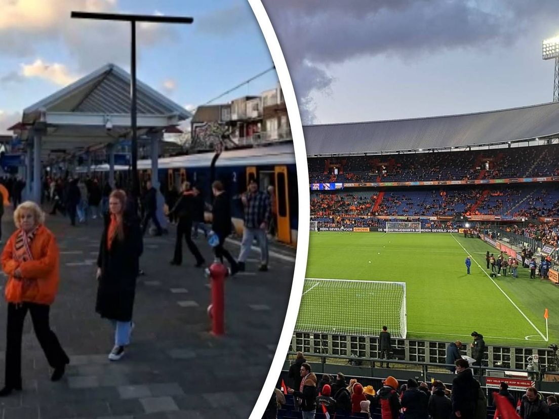 Trein rijdt station Rotterdam Stadion voorbij tijdens een wedstrijd van het Nederlands elftal